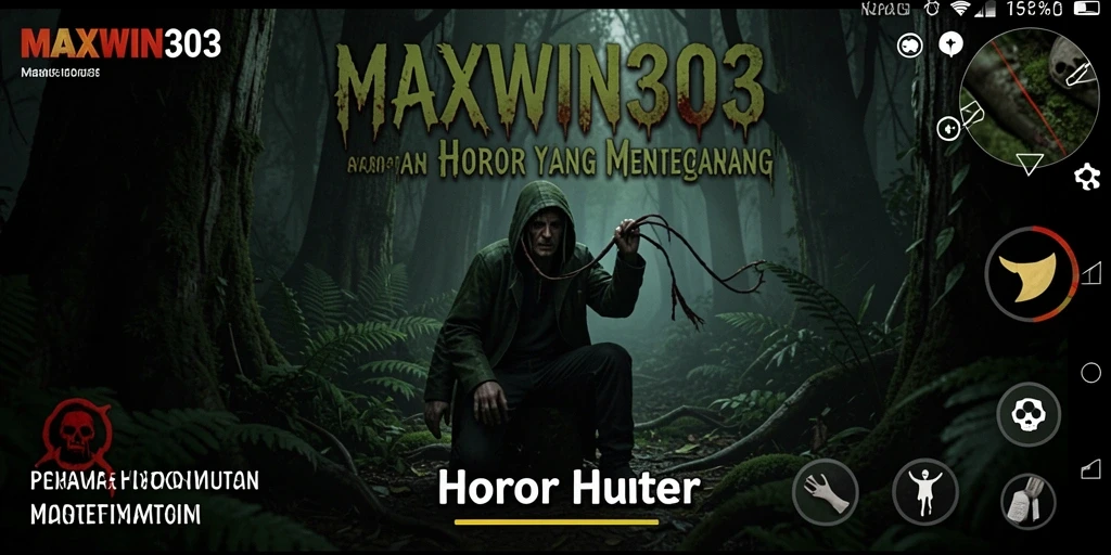 Antarmuka permainan MAXWIN303 yang menyeramkan dalam suasana hutan.
